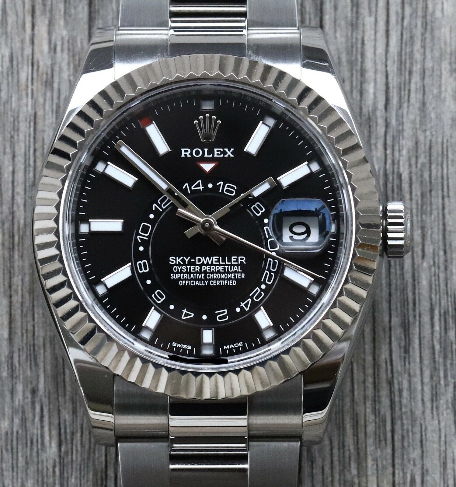 Rolex sky dweller deals stainless steel black dial